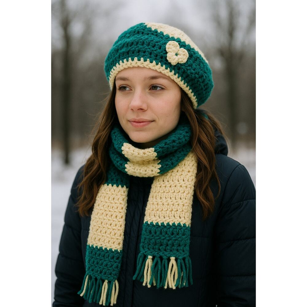 Handmade Crochet Hat & Scarf Set Teal & Cream Cozy Winter Gift